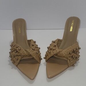 FASHION NOVA SEBANI TAN GOLD STUD EMBELLISHED DRESSY HEELED WOMEN'S  MULE SANDAL